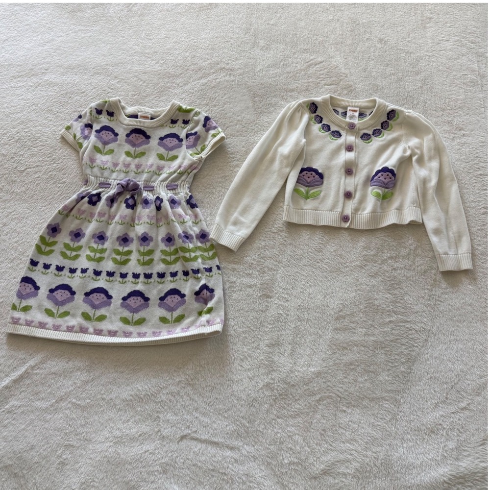 Gymboree Girls 4T Sweater Dress Cardigan Set Floral Purple‎ Green white Matching